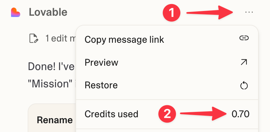 Official Lovable screenshot showing how to view credits used by a message