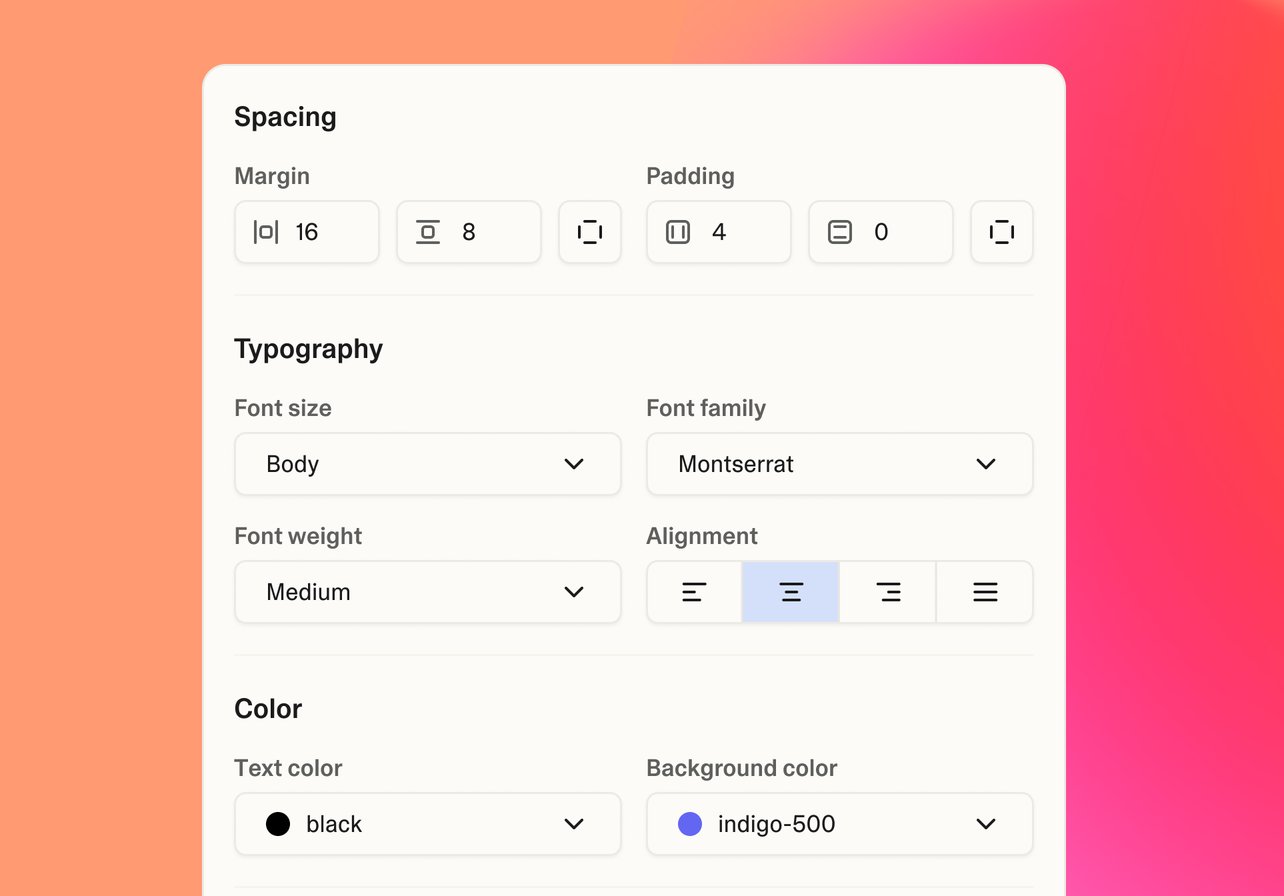 Official Lovable visual design controls for spacing typography alignment and color