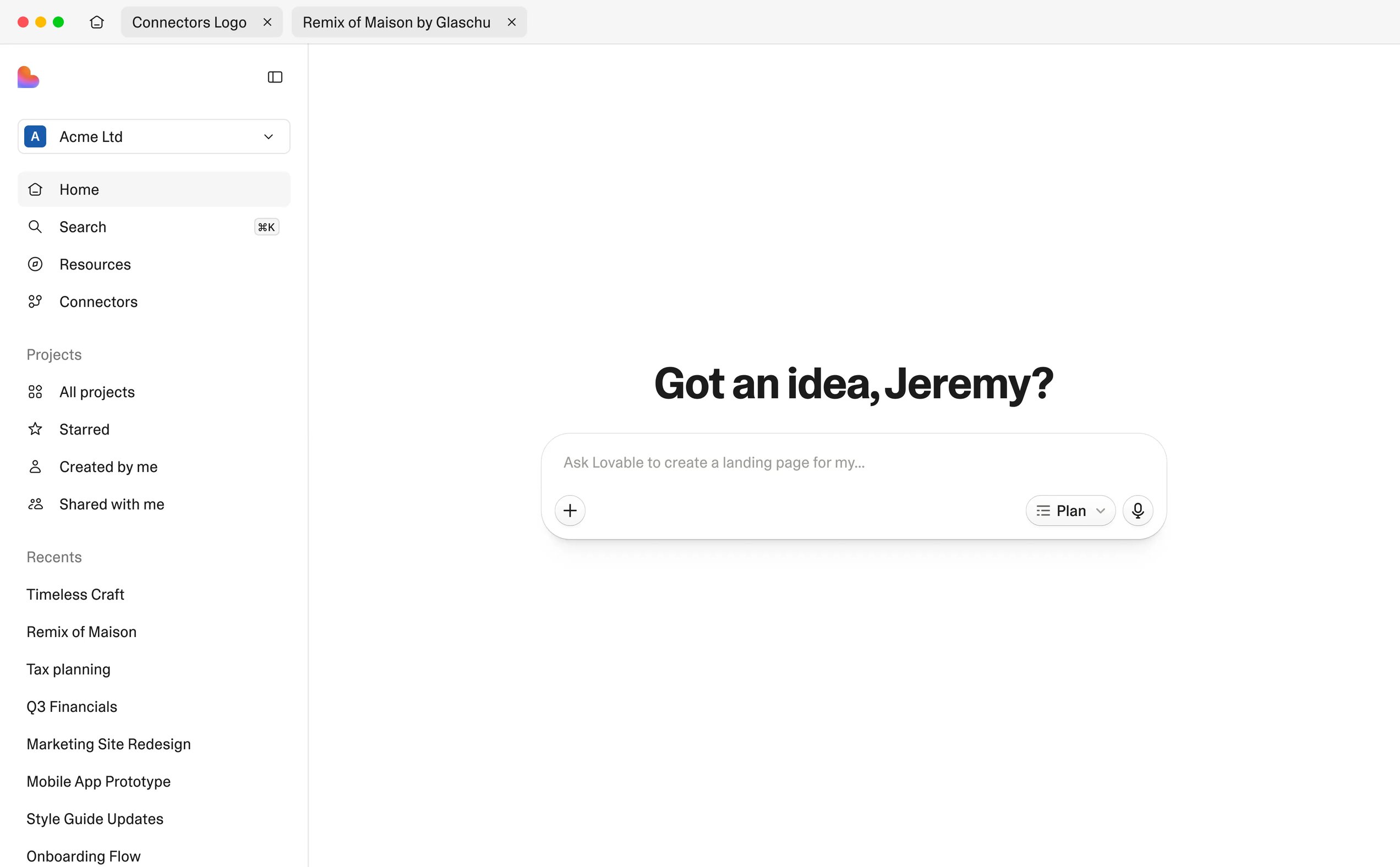 Lovable desktop app showing the home screen with a prompt input