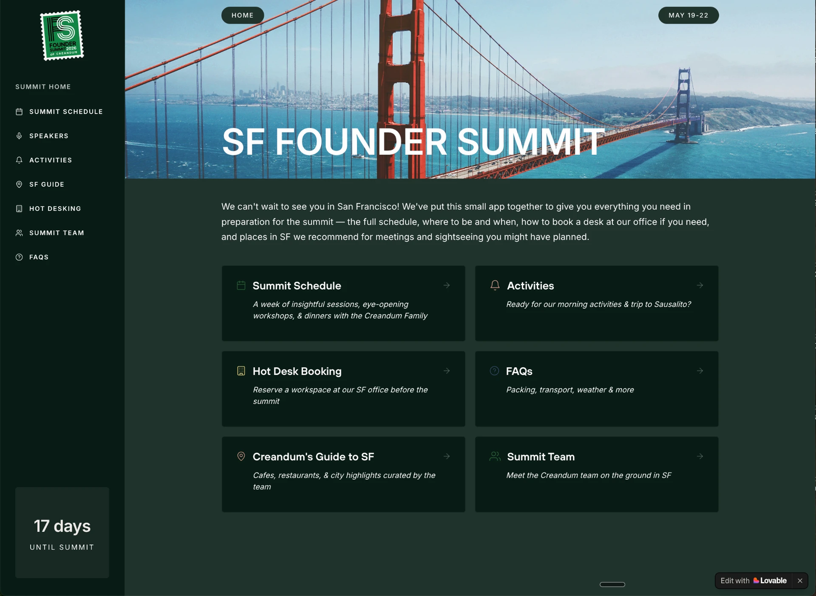 Founder Summit app home screen with schedule, activities, hot desk booking, and SF guide sections