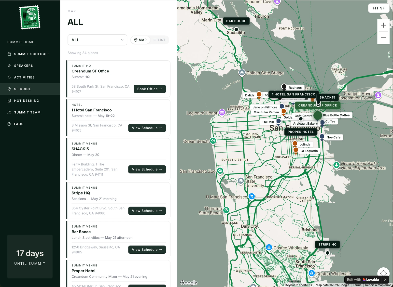 Interactive San Francisco map in the Founder Summit app with summit venues and local recommendations