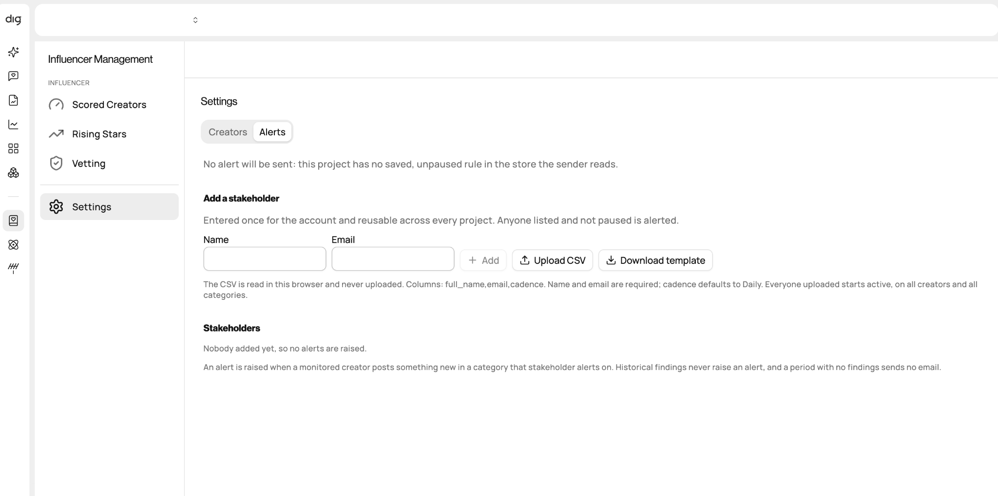dig’s Influencer Discovery app on the alerts settings screen, where a team adds the stakeholders to notify about monitored creators
