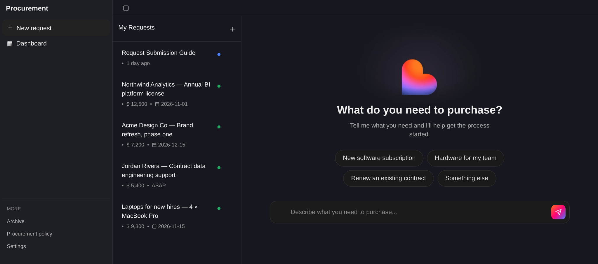 Lovable’s procurement app asking “What do you need to purchase?” next to a list of open purchase requests