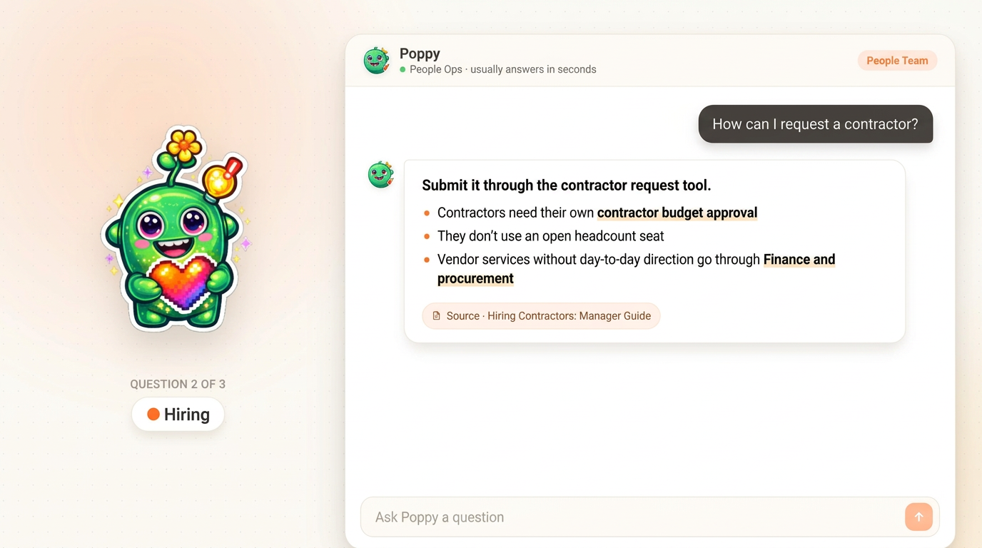 Poppy answering an employee’s question about requesting a contractor, citing the manager guide as its source