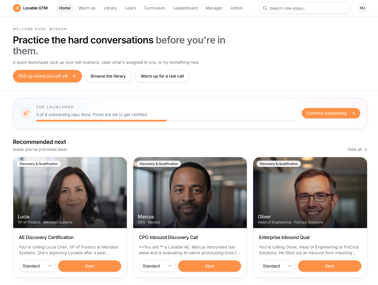 GTM training app practice roleplays against simulated buyer personas