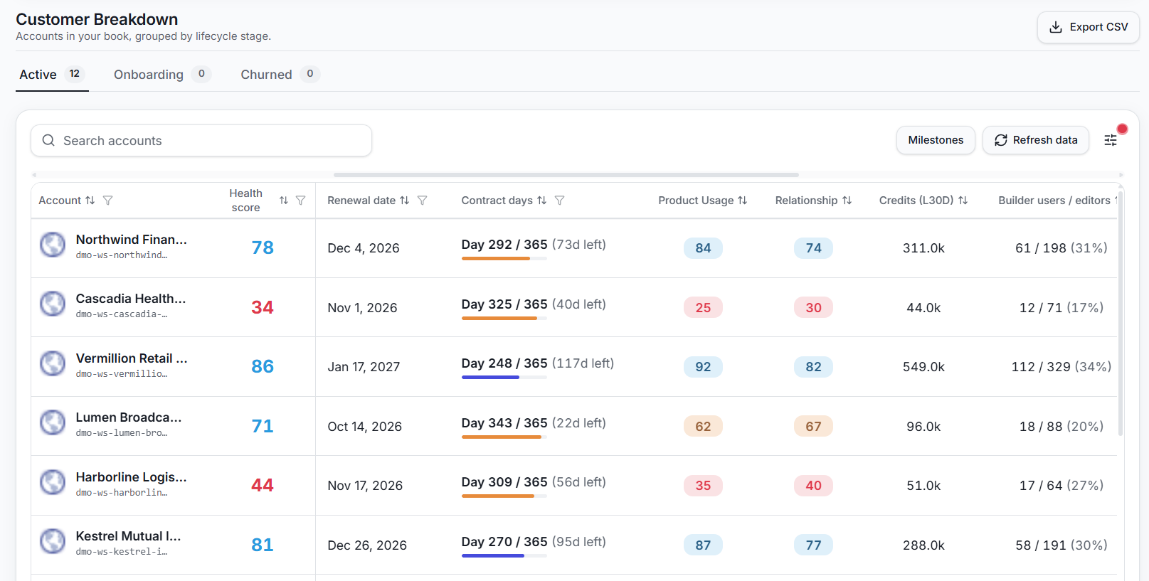 Customer breakdown table grouping accounts by lifecycle stage with health scores and renewal dates