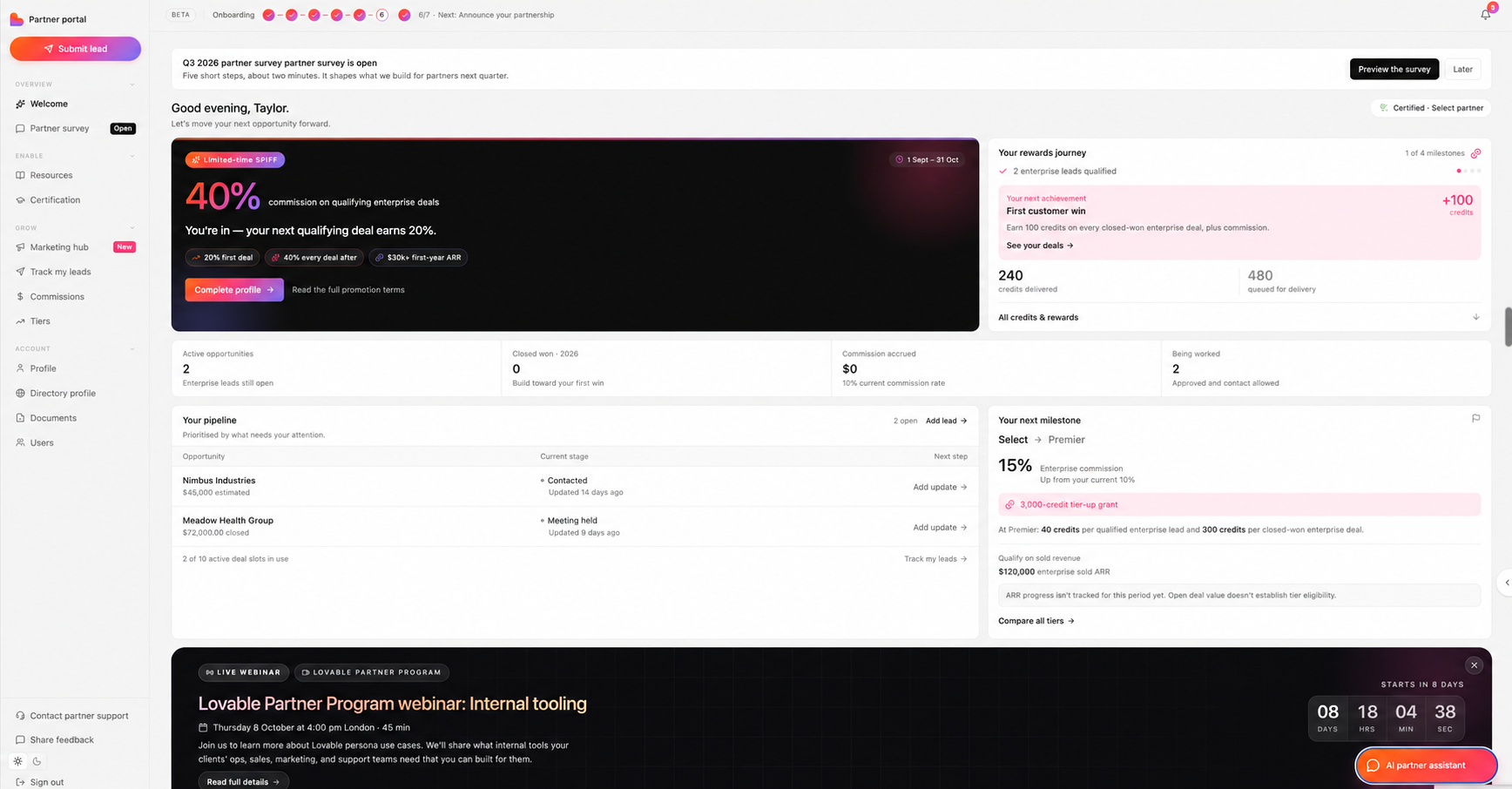 Partner portal home with onboarding progress, a commission promotion, rewards milestones, and the partner’s deal pipeline