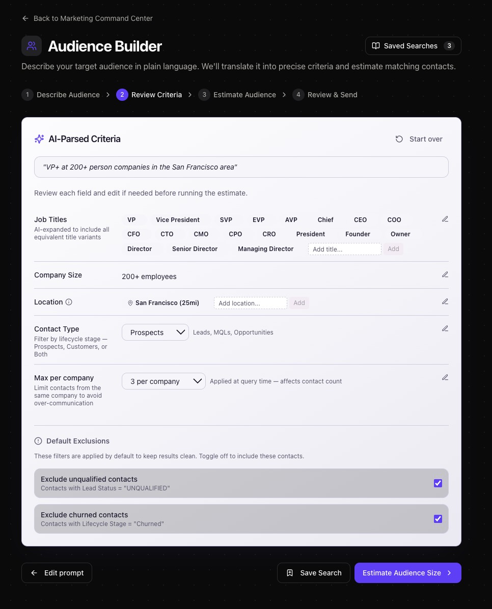 Audience Builder in the Marketing Command Center