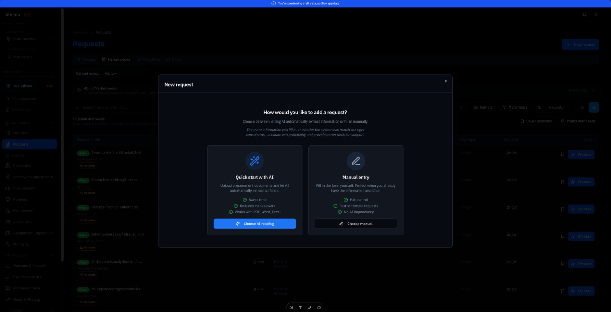 Athena new request dialog offering AI reading of procurement documents or manual entry