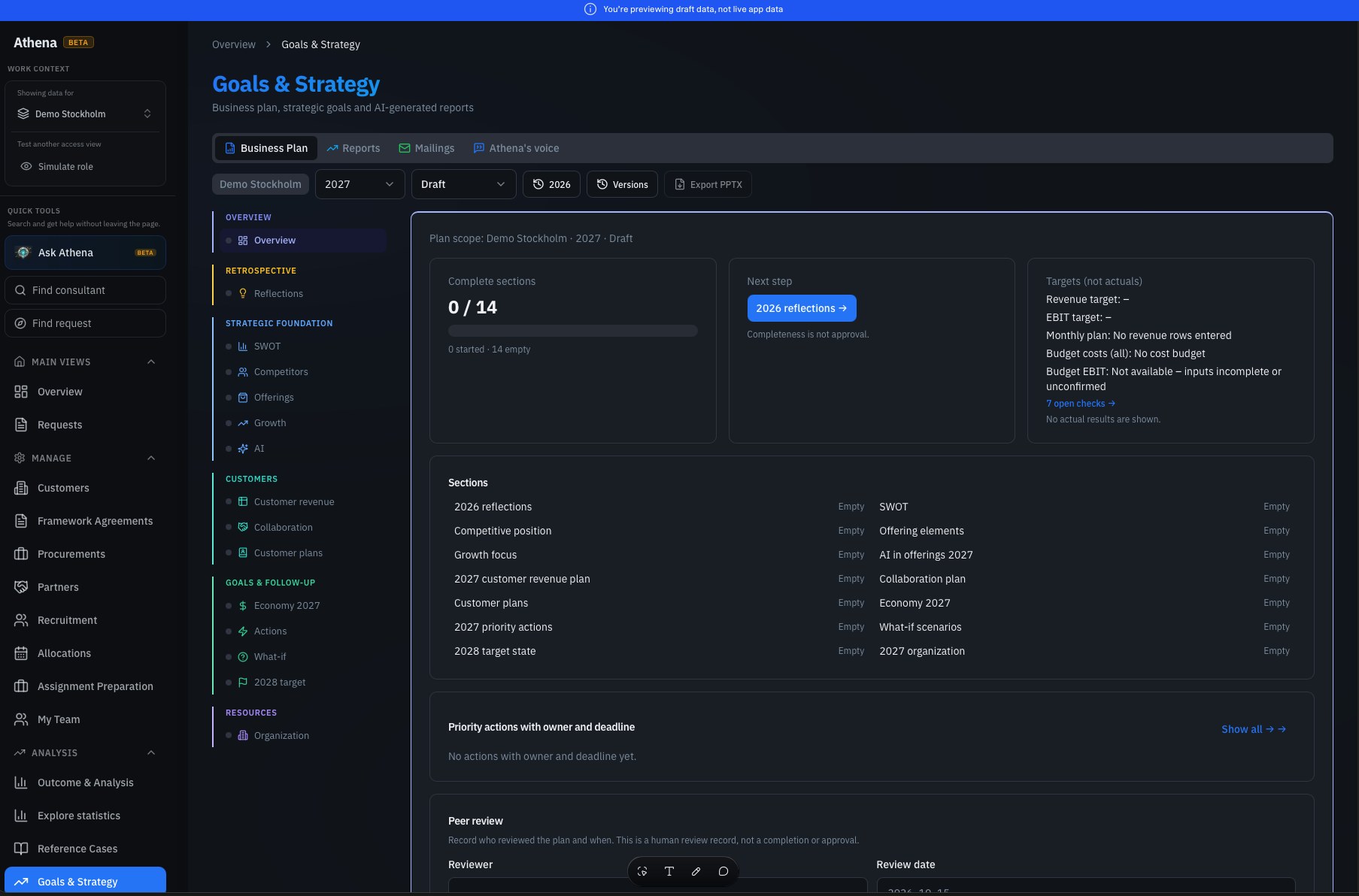 Athena goals and strategy view with business plan sections, targets, and priority actions
