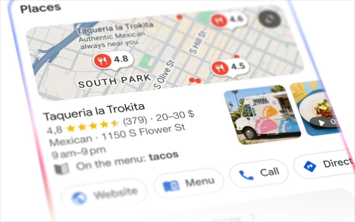 A Google Maps listing next to the site it was created from