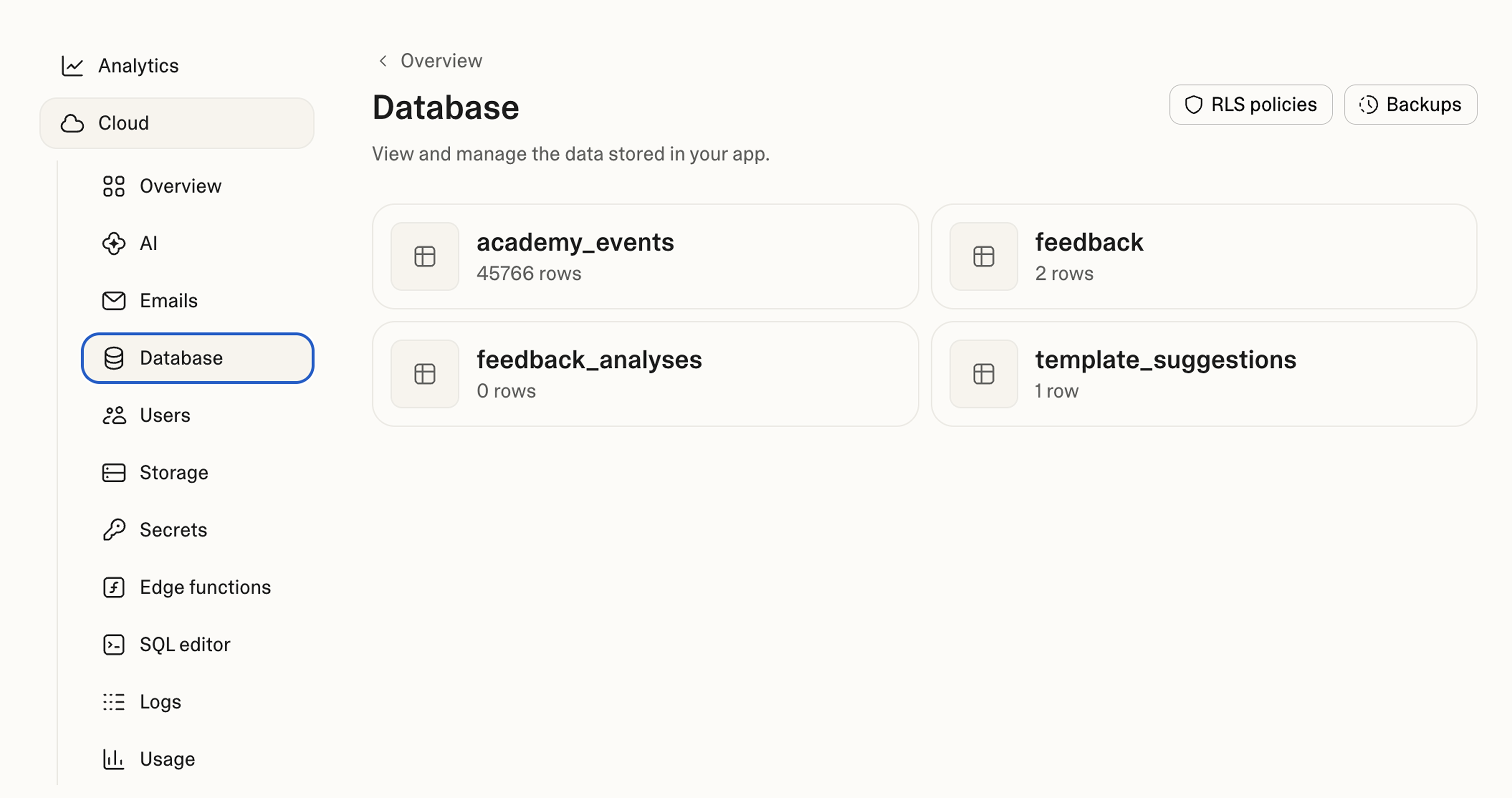 Backend database dashboard with tables and cloud tools