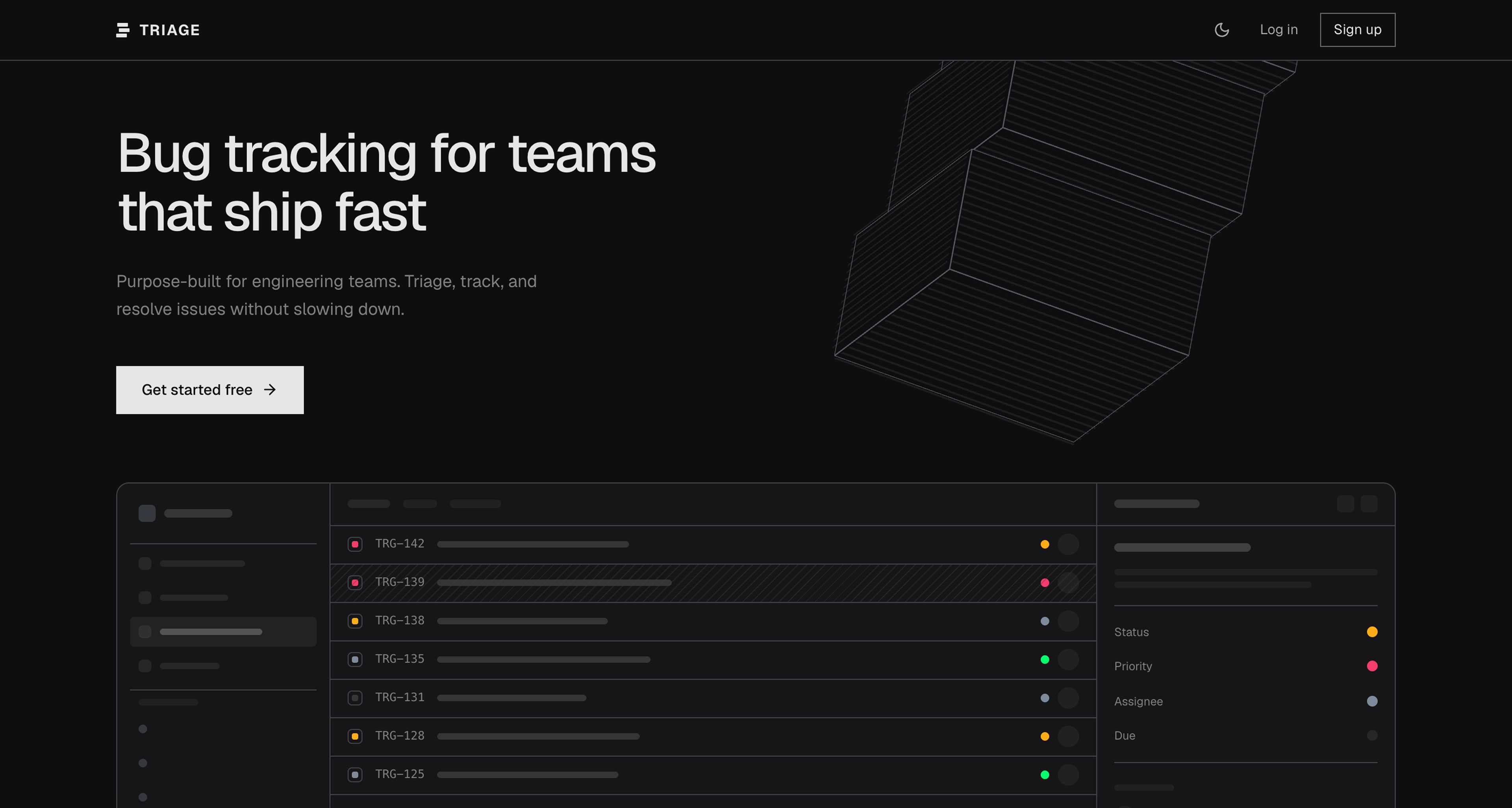Example bug tracking website with a dark landing page and issue dashboard