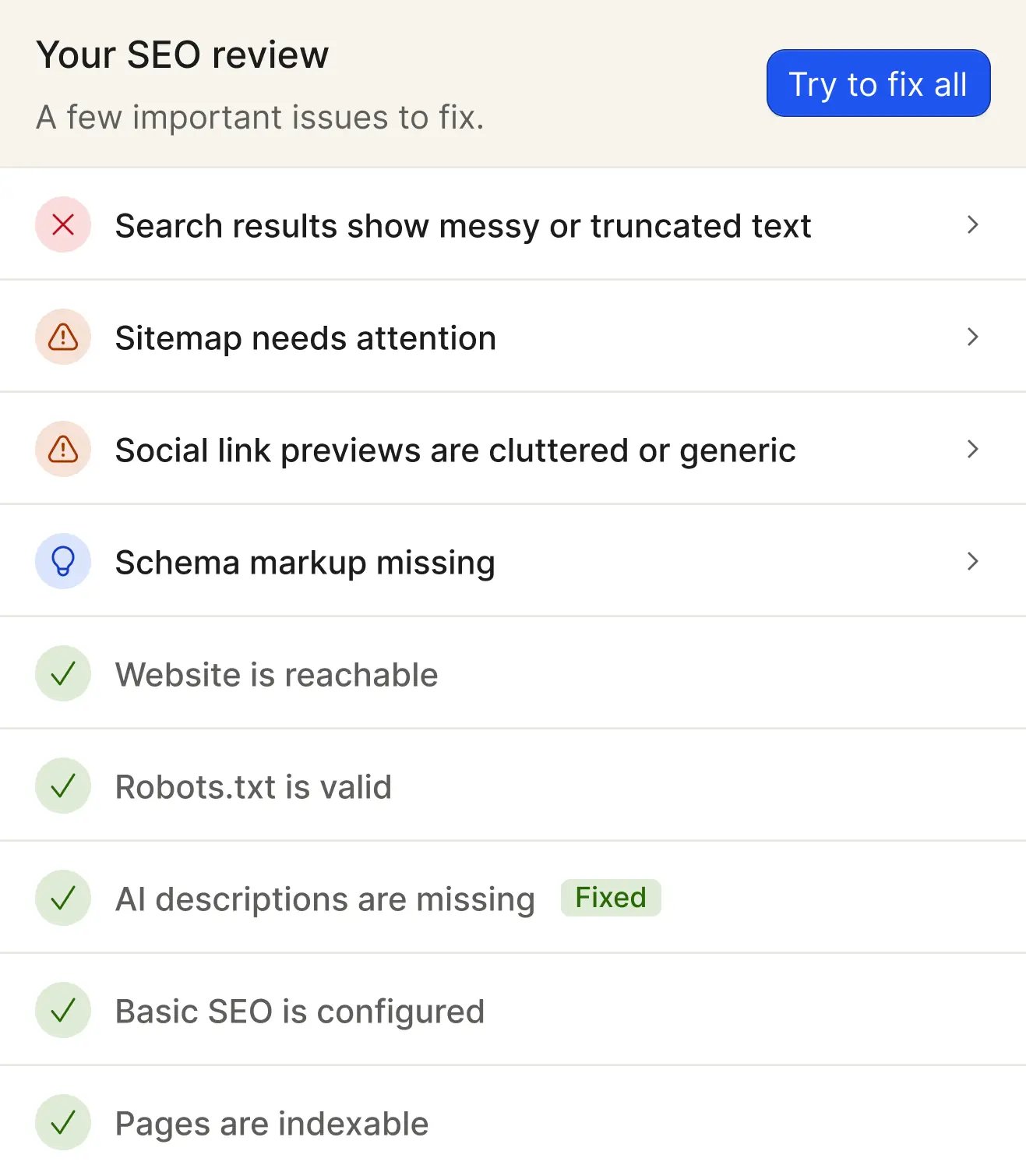 SEO review dashboard showing important issues, fixed checks, and indexability status