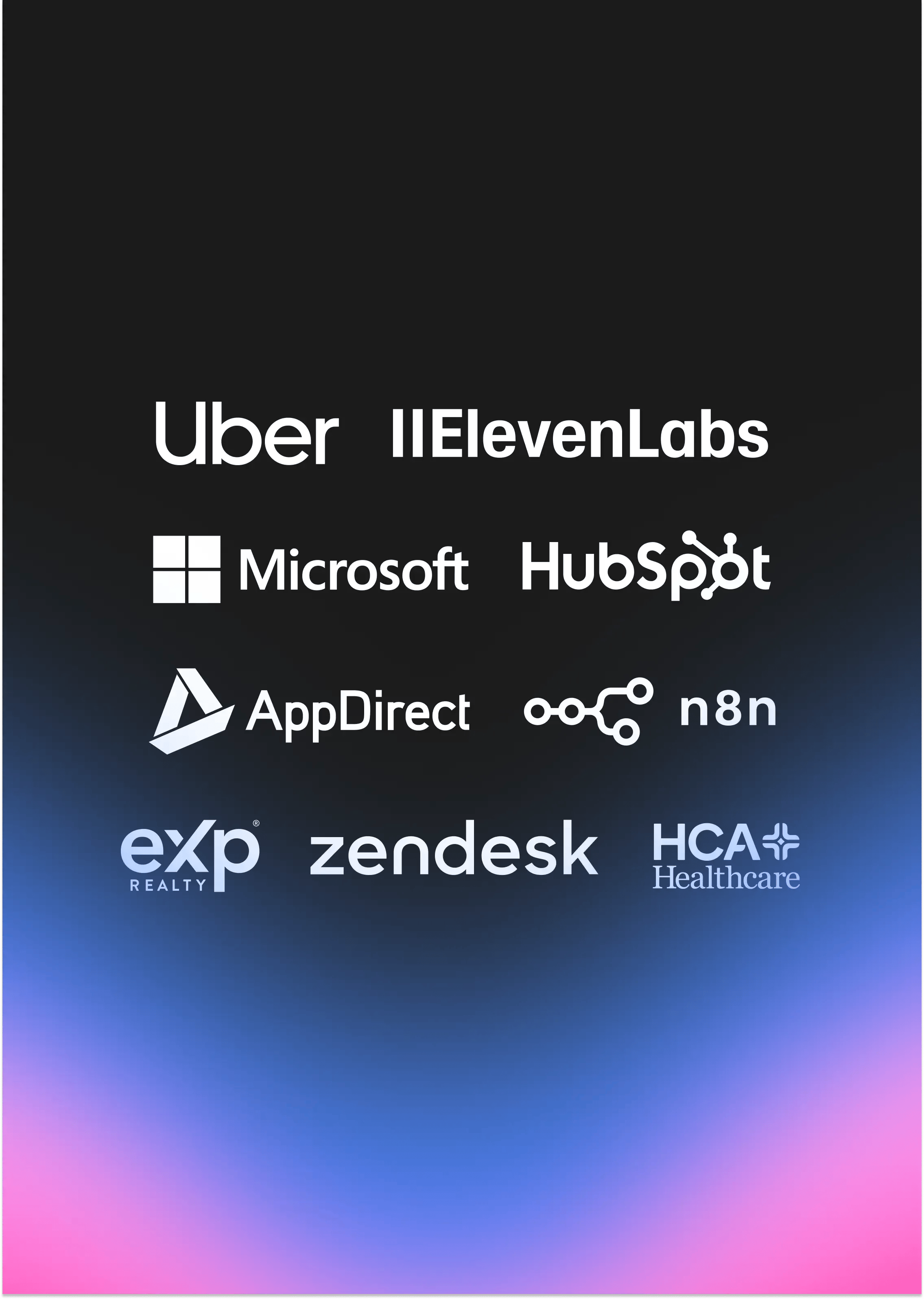 Logos of Uber, ElevenLabs, Microsoft, HubSpot, AppDirect, n8n, eXp Realty, Zendesk, and HCA Healthcare