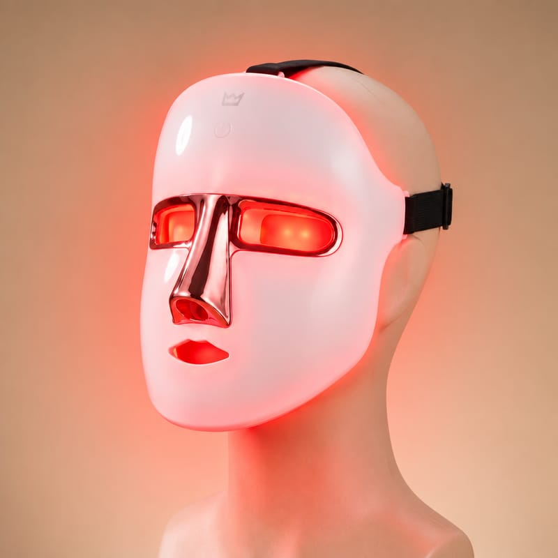 Woman putting on and adjusting the strap of the LUMORAS LED mask
