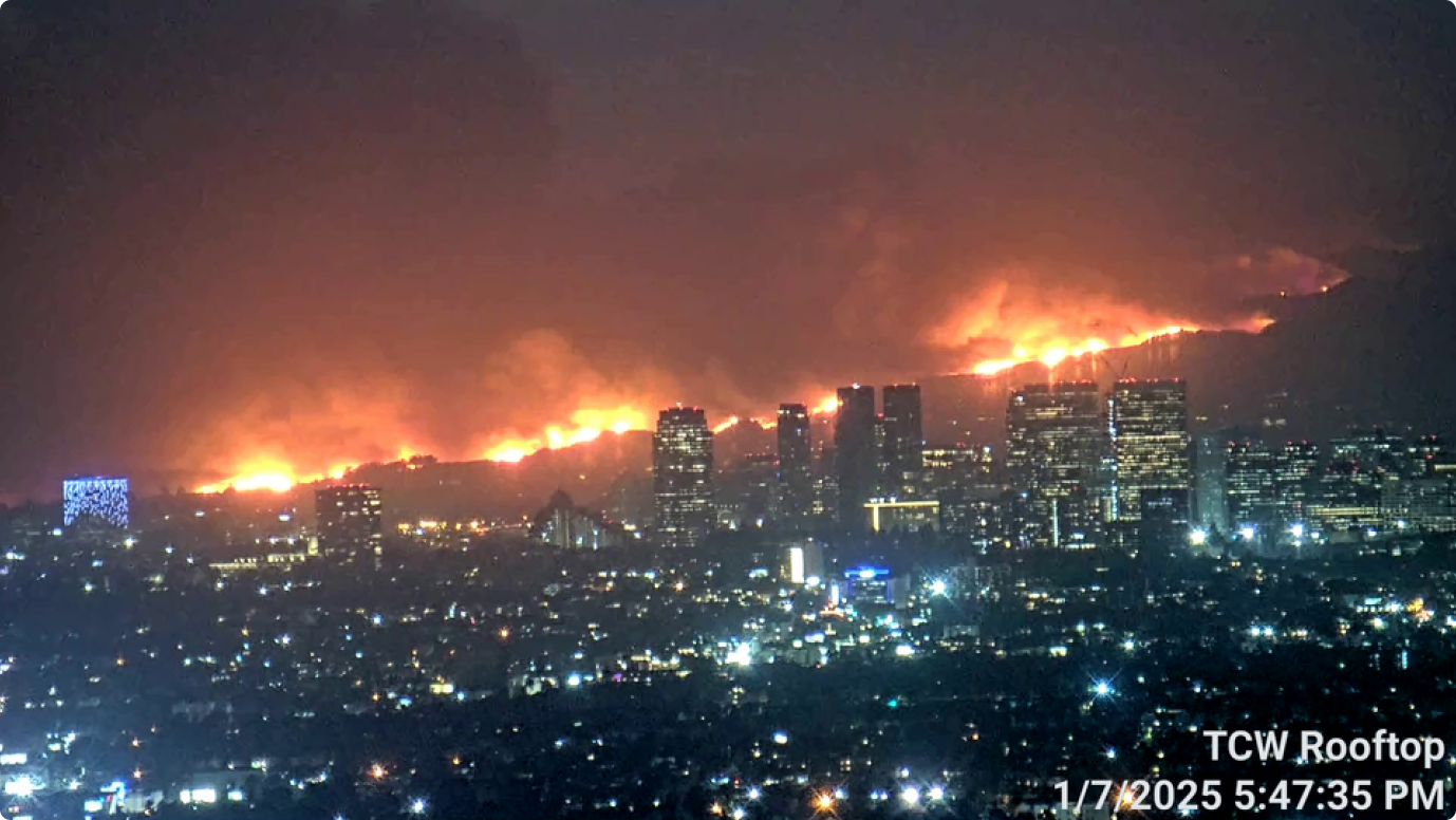 Palisades Fire as seen from Downtown Los Angeles, Image captured via PTZ Camera/VMS system